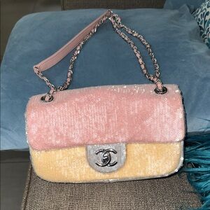 Pink and Yellow Sequin Shoulder Bag with Silver Chain